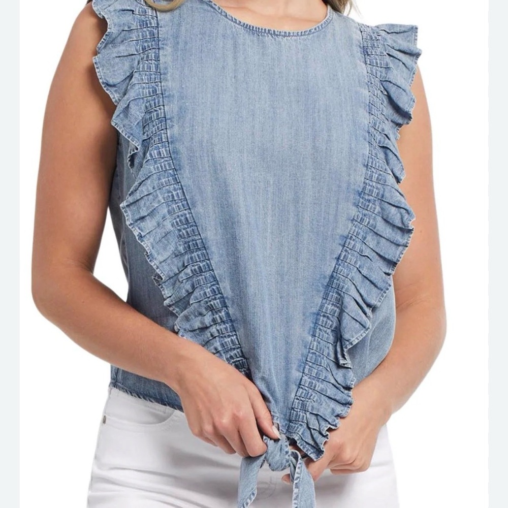 Tribal Blue Ruffle Tie-Front Denim Tank